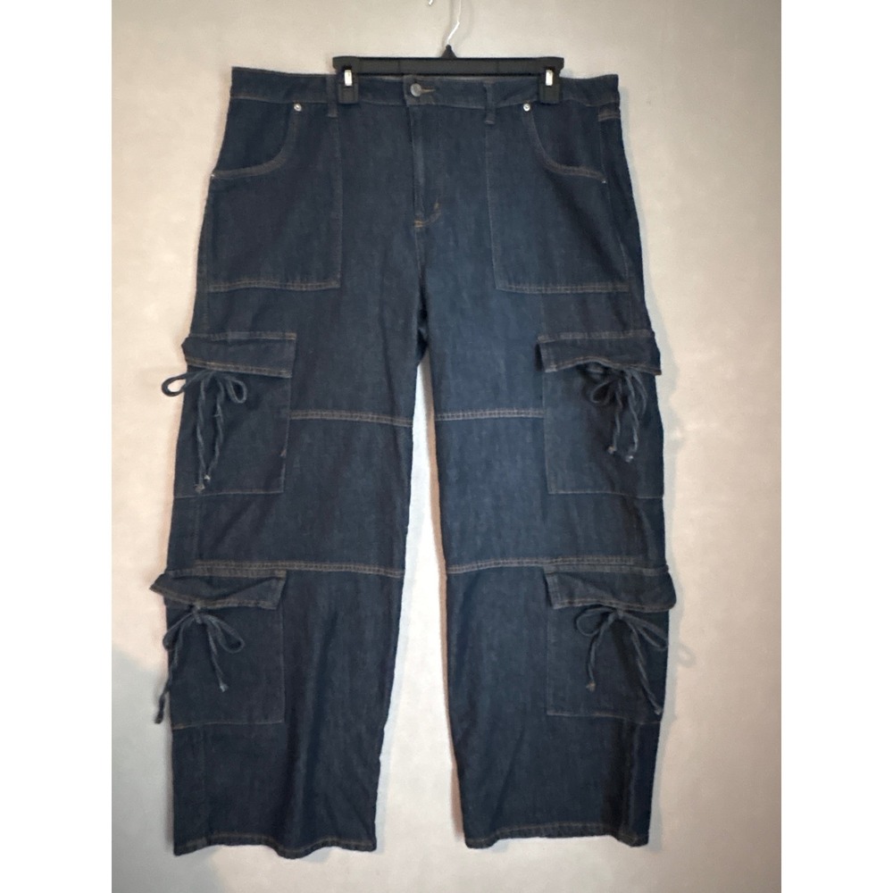 No Boundaries Mens Dark Wash Denim Cargo Pants Wide Leg Utility Blue Size 18